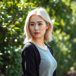 A 35-year-old woman with pale skin and light blonde hair, featuring Asian characteristics