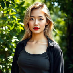 A 35-year-old woman with pale skin and light blonde hair, featuring Asian characteristics