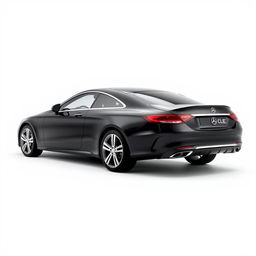 A sleek, totally black Mercedes CLE car elegantly positioned against a completely white background