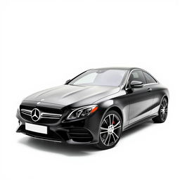 A sleek, totally black Mercedes CLE car elegantly positioned against a completely white background