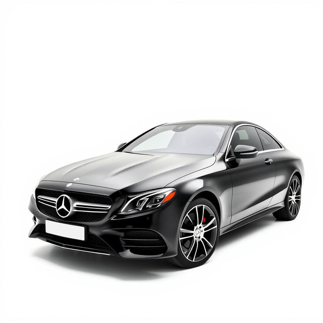 A sleek, totally black Mercedes CLE car elegantly positioned against a completely white background