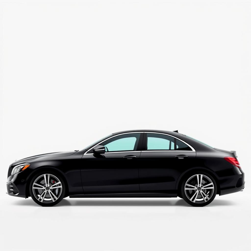 A sleek, totally black Mercedes CLE car elegantly positioned against a completely white background