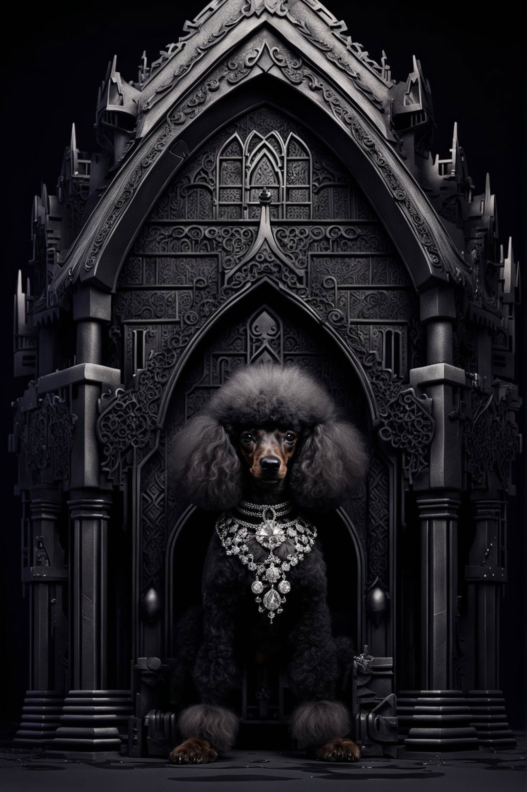 A gothic style doghouse with intricate stone carvings and a black slate roof houses an impeccably groomed black poodle with a diamond-studded collar