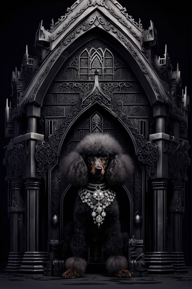 A gothic style doghouse with intricate stone carvings and a black slate roof houses an impeccably groomed black poodle with a diamond-studded collar