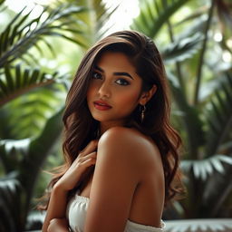 A striking portrait of a young Latin woman posed gracefully in an artistic manner, emphasizing her cultural features and natural beauty