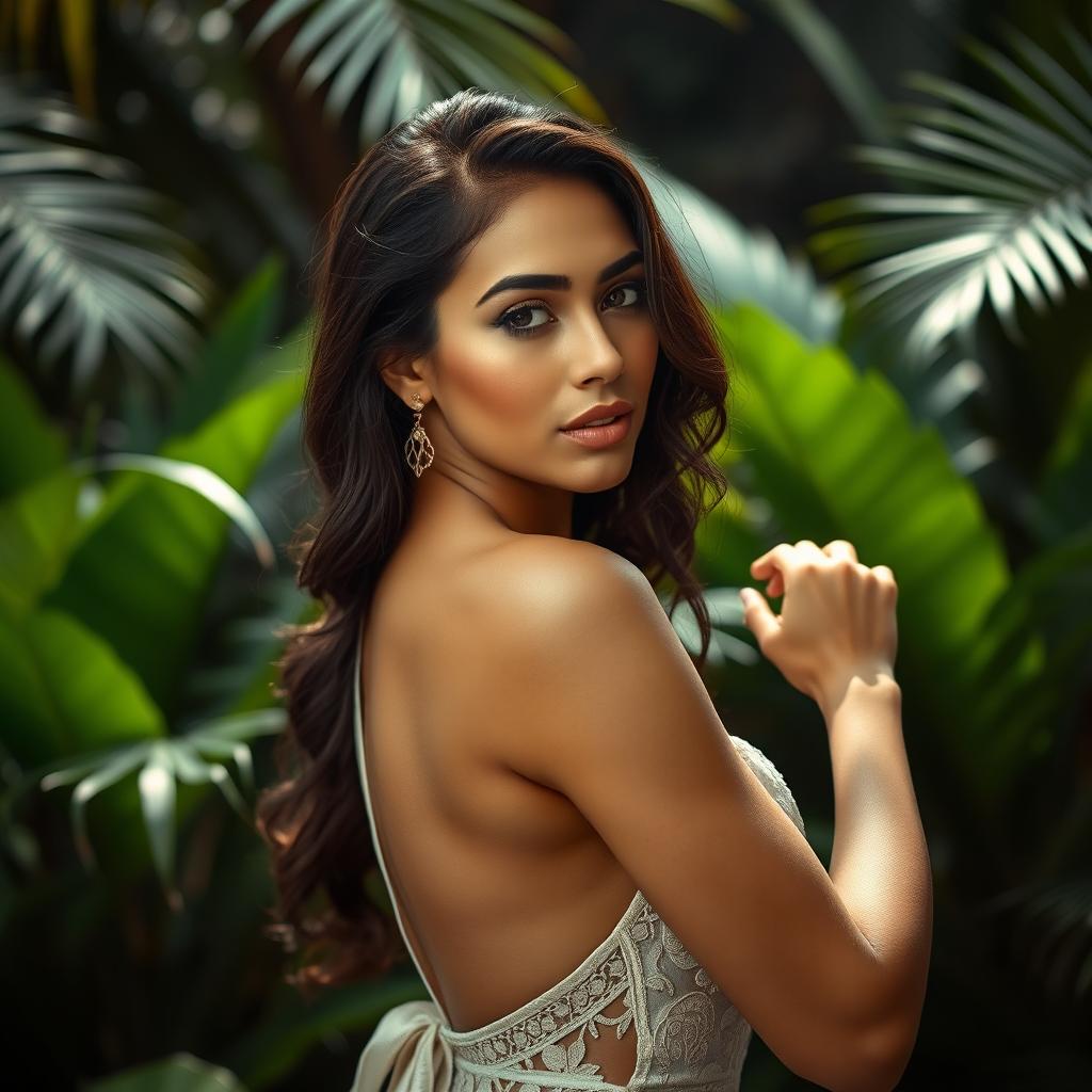 A striking portrait of a young Latin woman posed gracefully in an artistic manner, emphasizing her cultural features and natural beauty