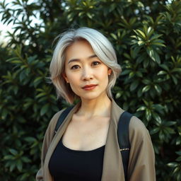 A 43-year-old woman with pale skin and light hair, featuring Asian characteristics