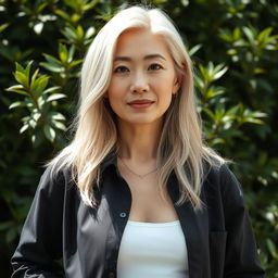 A 43-year-old woman with pale skin and light hair, featuring Asian characteristics