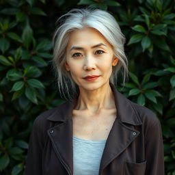 A 43-year-old woman with pale skin and light hair, featuring Asian characteristics