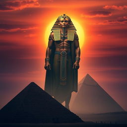 A dramatic portrayal of Pharaoh Khufu as a majestic and illuminated figure standing tall, casting a giant shadow over the Great Pyramids of Giza