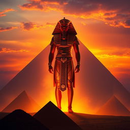 A dramatic portrayal of Pharaoh Khufu as a majestic and illuminated figure standing tall, casting a giant shadow over the Great Pyramids of Giza