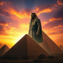 A dramatic portrayal of Pharaoh Khufu as a majestic and illuminated figure standing tall, casting a giant shadow over the Great Pyramids of Giza