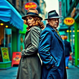 A detective duo from the 1940s, a woman and a man, standing back-to-back in full body view on a street filled with striking blue and green colors