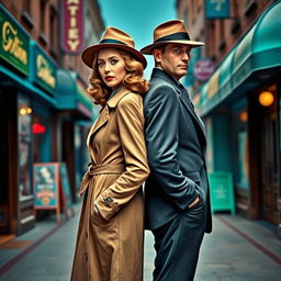 A detective duo from the 1940s, a woman and a man, standing back-to-back in full body view on a street filled with striking blue and green colors