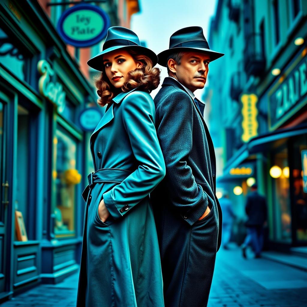 A detective duo from the 1940s, a woman and a man, standing back-to-back in full body view on a street filled with striking blue and green colors