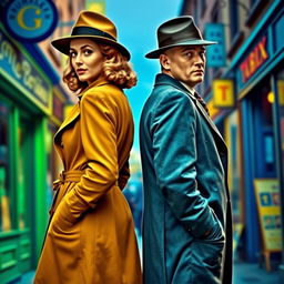 A detective duo from the 1940s, a woman and a man, standing back-to-back in full body view on a street filled with striking blue and green colors