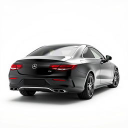 A sleek, totally black Mercedes CLE car viewed from the back, set against a completely white background