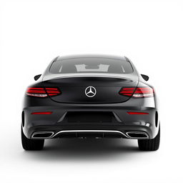 A sleek, totally black Mercedes CLE car viewed from the back, set against a completely white background