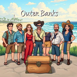 An illustration featuring all the main Outer Banks characters including John B, Sarah Cameron, Kiara, Pope, JJ, Rafe, Ward, and Cleo