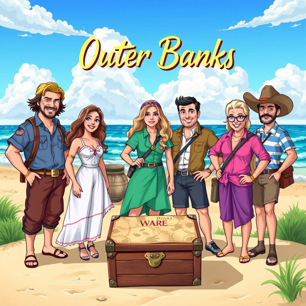 An illustration featuring all the main Outer Banks characters including John B, Sarah Cameron, Kiara, Pope, JJ, Rafe, Ward, and Cleo