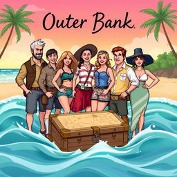 An illustration featuring all the main Outer Banks characters including John B, Sarah Cameron, Kiara, Pope, JJ, Rafe, Ward, and Cleo