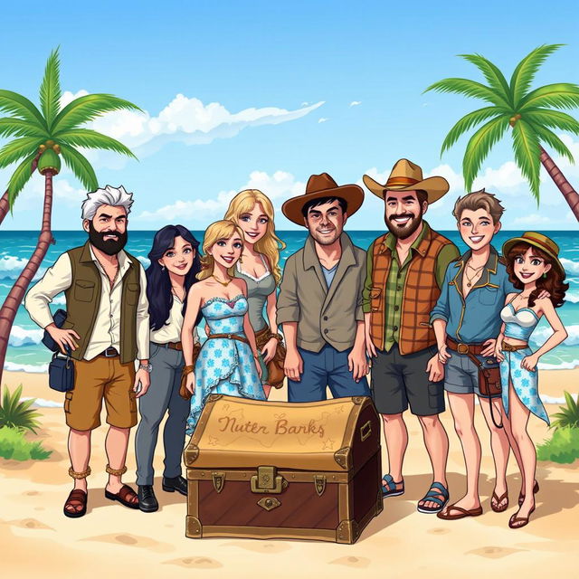 An illustration featuring all the main Outer Banks characters including John B, Sarah Cameron, Kiara, Pope, JJ, Rafe, Ward, and Cleo