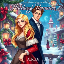 A whimsical book cover for a fantasy romance about a blonde woman and a brunette woman, with a scared man standing behind the blonde, depicting a scene rich with intrigue