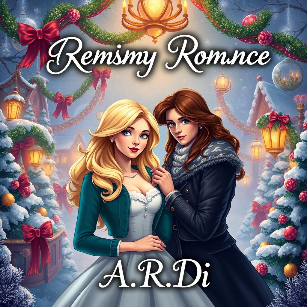 A whimsical book cover for a fantasy romance about a blonde woman and a brunette woman, with a scared man standing behind the blonde, depicting a scene rich with intrigue