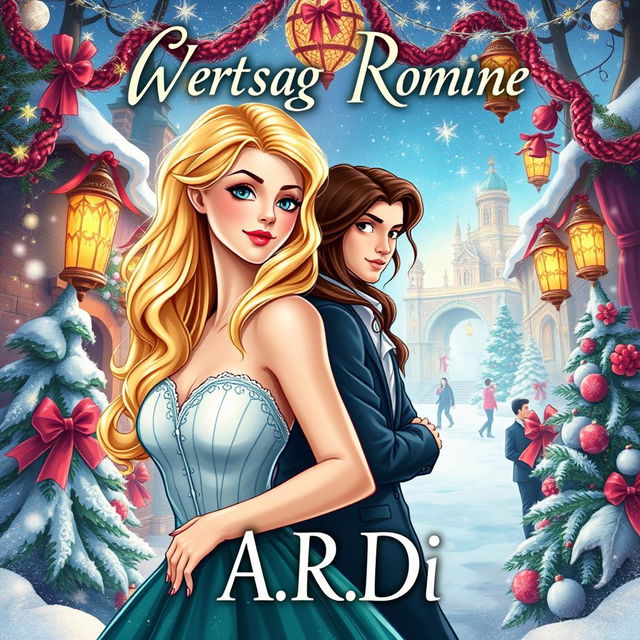 A whimsical book cover for a fantasy romance about a blonde woman and a brunette woman, with a scared man standing behind the blonde, depicting a scene rich with intrigue