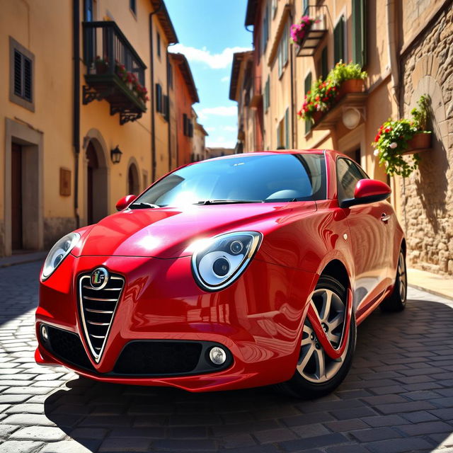 A sleek and stylish Alfa Romeo Mito parked elegantly on a cobblestone street in a picturesque Italian village