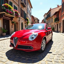 A sleek and stylish Alfa Romeo Mito parked elegantly on a cobblestone street in a picturesque Italian village