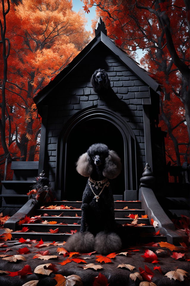 A wide-angle HD shot of a gothic doghouse and a black poodle in an autumn setting under cinematic horror lighting.