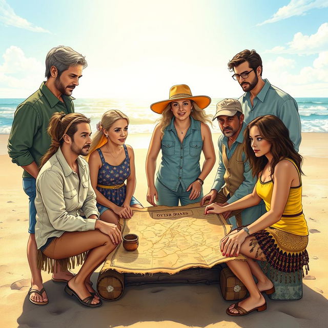 A highly realistic illustration featuring all the main Outer Banks characters, including John B, Sarah Cameron, Kiara, Pope, JJ, Rafe, Ward, and Cleo