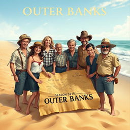 A highly realistic illustration featuring all the main Outer Banks characters, including John B, Sarah Cameron, Kiara, Pope, JJ, Rafe, Ward, and Cleo