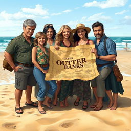 A highly realistic illustration featuring all the main Outer Banks characters, including John B, Sarah Cameron, Kiara, Pope, JJ, Rafe, Ward, and Cleo