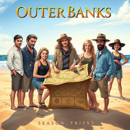 A highly realistic illustration featuring all the main Outer Banks characters, including John B, Sarah Cameron, Kiara, Pope, JJ, Rafe, Ward, and Cleo