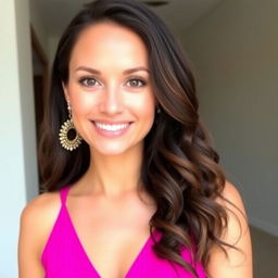A 30-year-old woman with long, wavy dark hair and lightly tanned skin