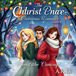 An enchanting book cover for a fantasy romance featuring a blonde woman and a brunette woman, accompanied by a scared man who stands protectively behind the blonde