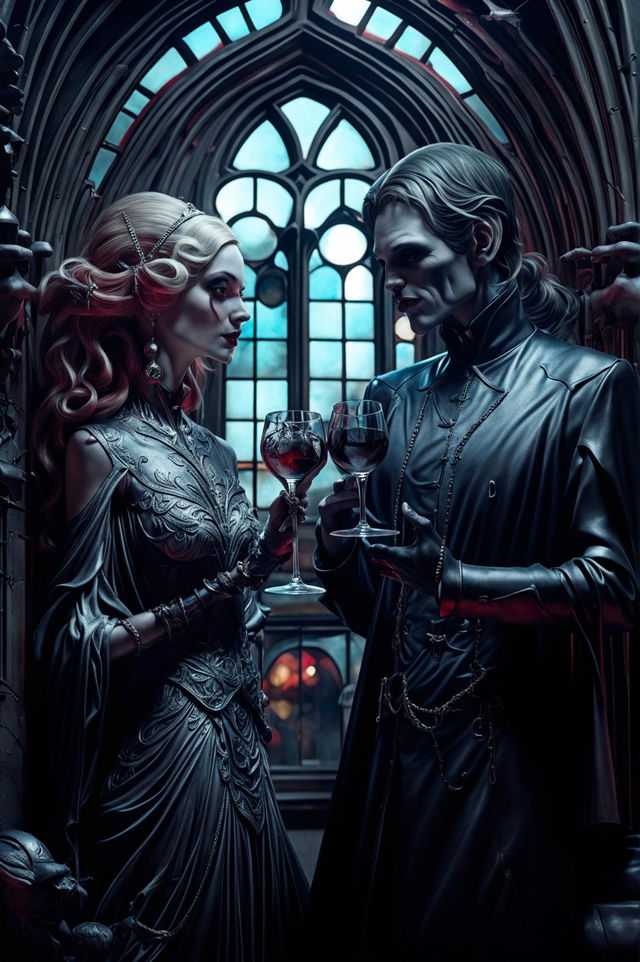 Gothic Art Nouveau mashup featuring a fairy and vampire toasting with white and red wine respectively in an ultra-detailed wide-angle shot