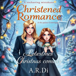 An enchanting book cover for a fantasy romance featuring a blonde woman and a brunette woman, accompanied by a scared man who stands protectively behind the blonde