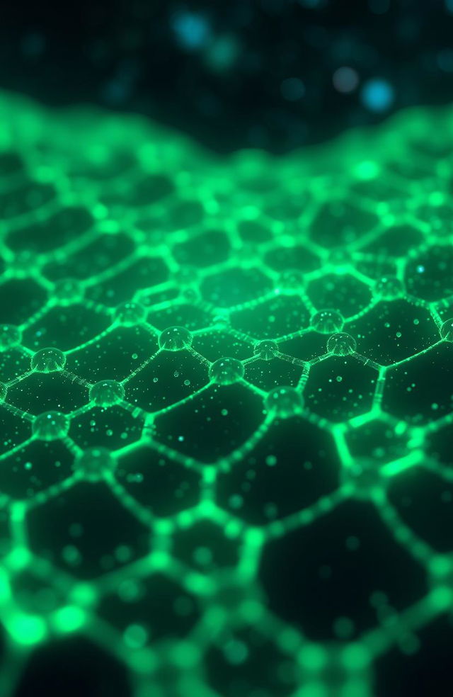 Green-blue carbon quantum dots with a structured graphene appearance, showcasing intricate patterns that resemble the lattice structure of graphene