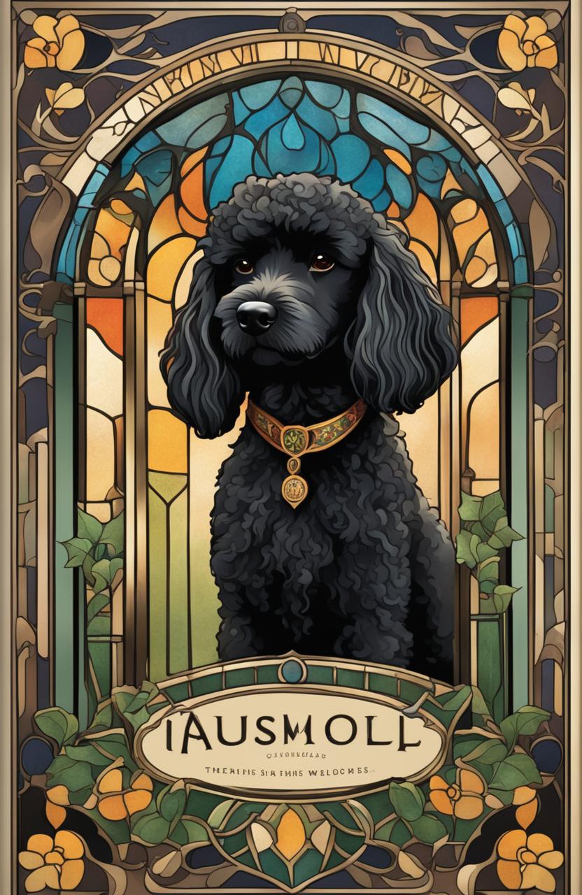 Art Nouveau style doghouse with stained glass windows, ivy-covered walls, and a 19-year-old black poodle in a cinematic movie poster style book cover