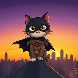 A whimsical scene featuring a cat dressed as Batman, complete with a small black cape and a bat symbol on its chest