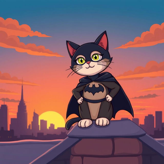 A whimsical scene featuring a cat dressed as Batman, complete with a small black cape and a bat symbol on its chest