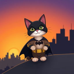 A whimsical scene featuring a cat dressed as Batman, complete with a small black cape and a bat symbol on its chest