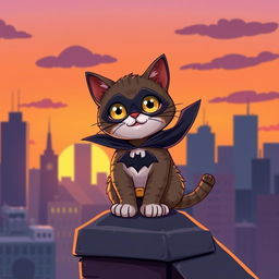 A whimsical scene featuring a cat dressed as Batman, complete with a small black cape and a bat symbol on its chest