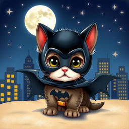 A whimsical and playful scene featuring a kitten dressed as Batman, complete with a tiny bat cape and mask