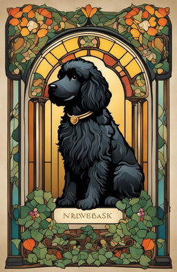 Art Nouveau style doghouse with stained glass windows, ivy-covered walls, and a 19-year-old black poodle in a cinematic movie poster style book cover