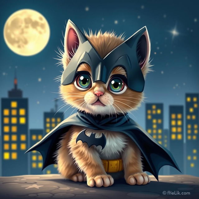 A whimsical and playful scene featuring a kitten dressed as Batman, complete with a tiny bat cape and mask