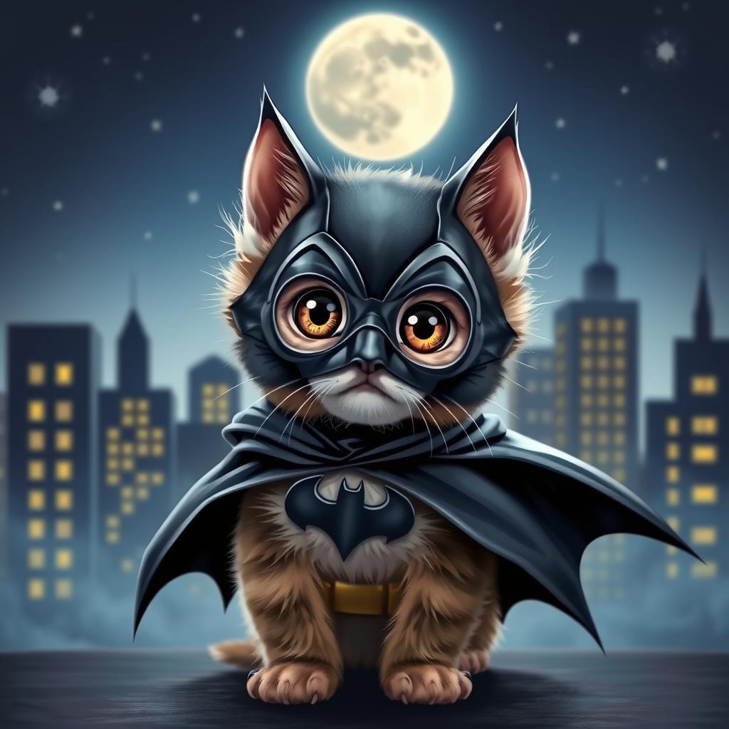 A whimsical and playful scene featuring a kitten dressed as Batman, complete with a tiny bat cape and mask